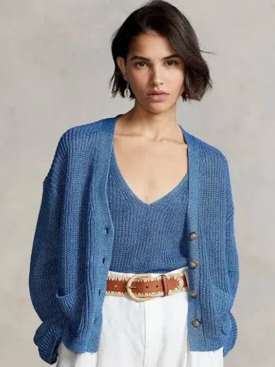 Polo Ralph Lauren 100% Linen Blue Rib Knit V-Neck Cardigan...